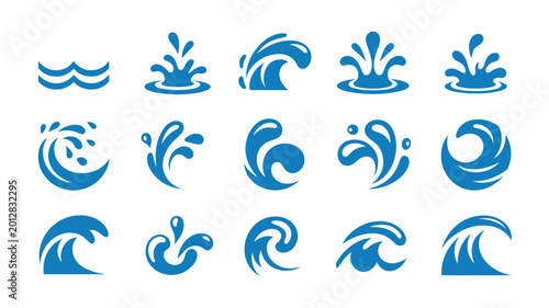 Collection of stylized blue water drop and wave shapes on a white background high quality professional