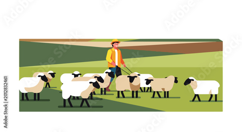 Smiling farmer in a hat guides a diverse flock of sheep across rural fields