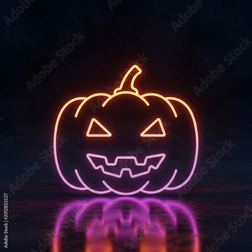 Neon Halloween Pumpkin Sign Glowing in Dark Background.