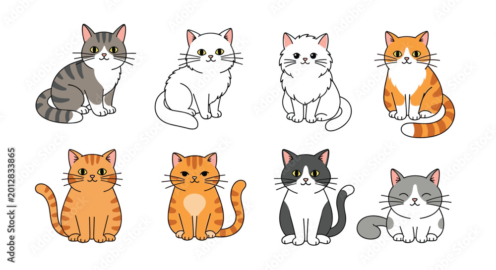Fototapeta premium Collection of cute cartoon cats and kittens in various colors and patterns including ginger, tabby, white, and bicolored designs.