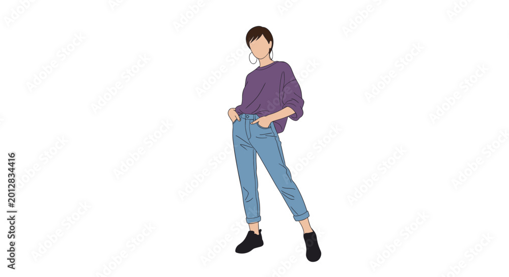 Naklejka premium Modern fashion illustration of a young woman with short hair wearing an oversized purple sweater and cuffed light blue denim jeans.