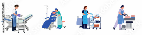Obraz na płótnie Flat vector illustrations of hospital cleaning staff and healthcare workers sanitizing medical equipment, preparing patient rooms, and handling linens in a clinic setting