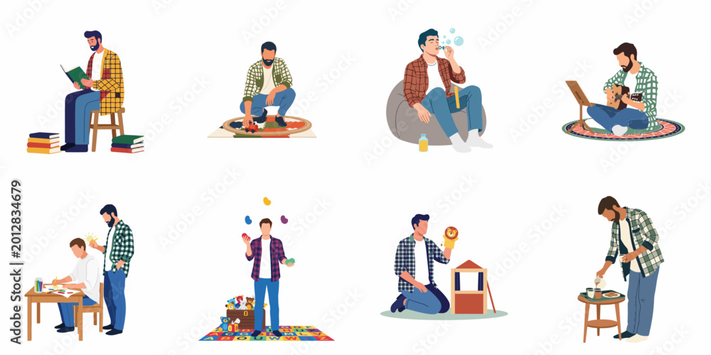 Fototapeta premium Collection of flat illustrations showing men enjoying different indoor hobbies, creative activities, and fatherhood moments on a white background.