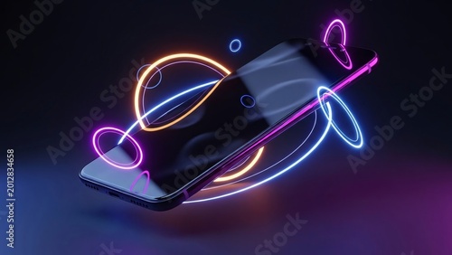 Futuristic smartphone with neon light trails glowing in dark environment showcasing advanced technology and innovative mobile device design for modern digital lifestyle