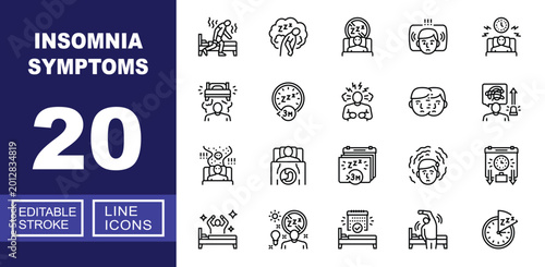 Quadro su tela Insomnia symptoms line icon set