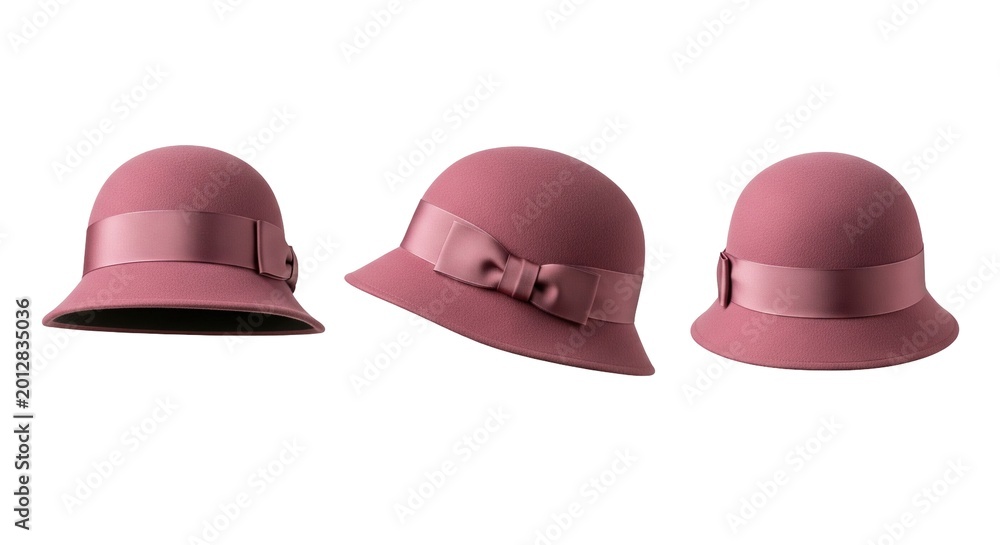 Fototapeta premium Vintage pink cloche hat with ribbon and bow shown in three views for retro fashion accessory