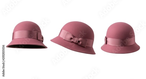Vintage pink cloche hat with ribbon and bow shown in three views for retro fashion accessory