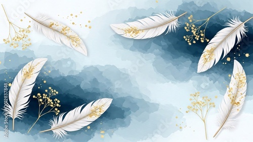 Elegant watercolor background with white feathers and delicate golden accents creating a serene and sophisticated atmosphere perfect for design projects and backgrounds
