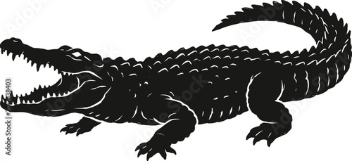 Bild auf Leinwand Detailed black silhouette illustration of a crocodile with an open mouth and sharp teeth, representing wildlife, predatory animals, and reptile nature concepts