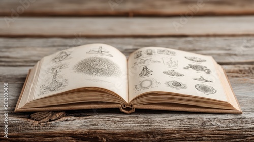 Open ancient yoga sketchbook with handwritten meditation drawings and aged paper texture vintage spiritual manuscript isolated on white background