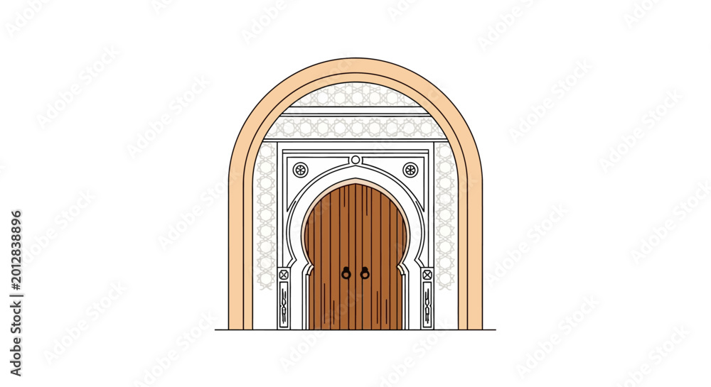 Fototapeta premium Brown wooden door with archway entrance.