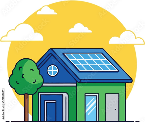 Eco-friendly house with solar panels, promoting sustainable living.