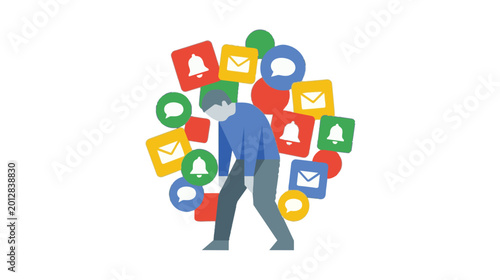 Flat Illustration of an Exhausted Person Overwhelmed by a Heavy Load of Digital Notification Icons Representing Information Overload and Burnout