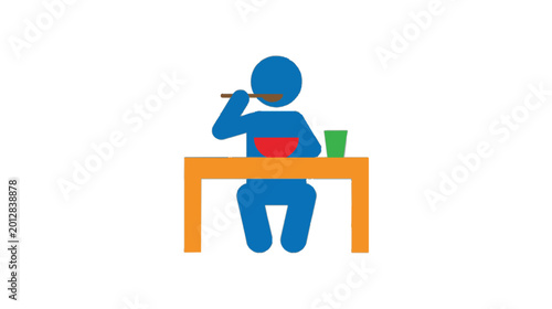 Minimalist graphic illustration of a person eating a meal at a table with a bowl and cup, representing daily activities and nutrition.