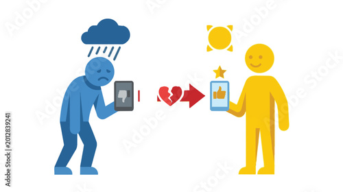 Conceptual Illustration of Social Media Impact on Mental Health Showing Sadness vs Online Happiness Comparison with Broken Heart and Smartphone Icons