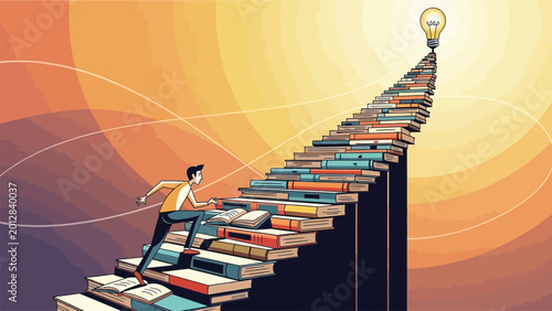 Success through knowledge and education concept with man climbing stairs made from books.