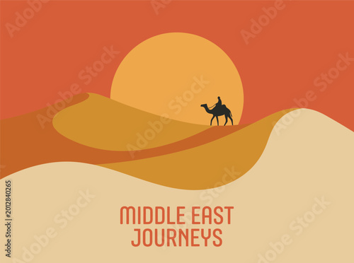Desert landscape with a silhouetted camel and rider against a warm sunset backdrop Middle East journeys