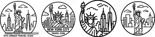 New York City Landmarks Line Art Icons Set with Statue of Liberty and Skyline on White Background