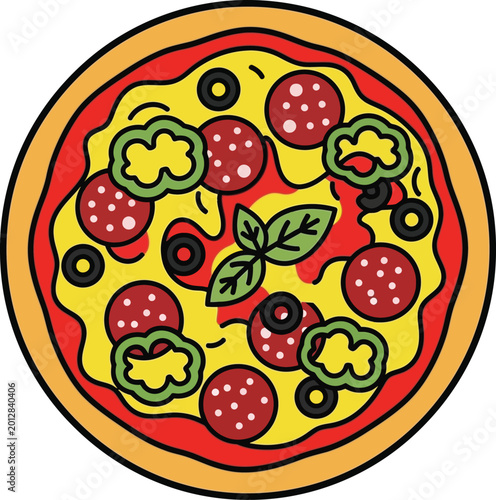 Pizza with pepperoni olives peppers and basil leaves top view vector cartoon illustration.