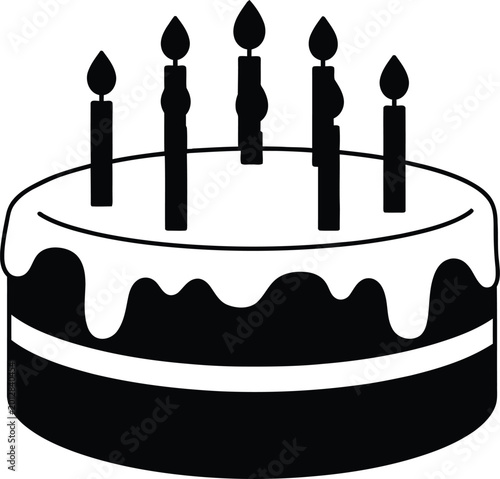 Birthday cake with five lit candles black silhouette simple graphic illustration isolated.