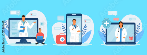 Telemedicine online medical consultation vector set, flat digital healthcare services on laptop and smartphone, virtual doctor appointment illustrations