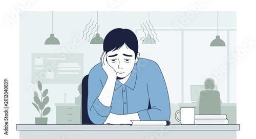 A Weary Office Worker Depicted In Distress And Overwhelmed At His Desk Sadly