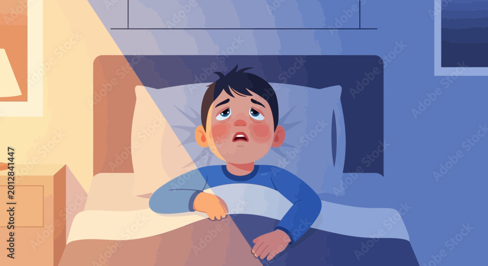 Obraz premium A Young Boy Awake, Staring at the Ceiling While Lying In Bed Unable To Sleep