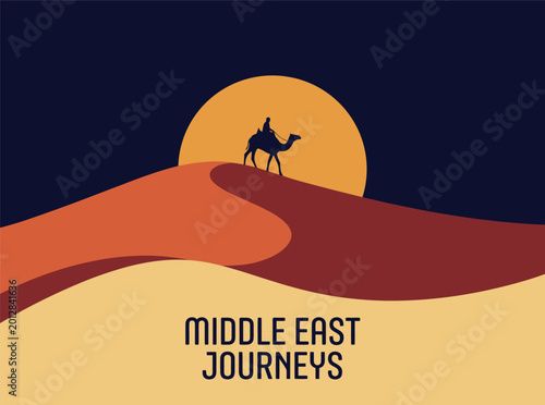 Desert landscape with a silhouetted camel and rider against a golden sun middle east journeys illustration