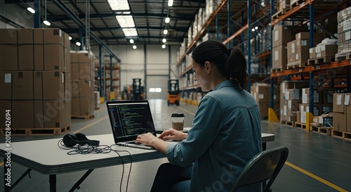 Woman programmer coding on laptop in large industrial warehouse