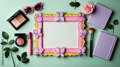 Feminine Beauty and Fashion Accessories Mockup with Blank Frame on Pastel Pink Background
