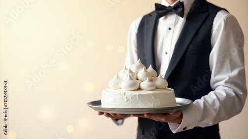 Elegant Waiter Presenting a Delicate White Cake Adorned with Meringue Kisses on a Silver Platter