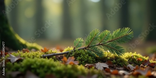 A delicate evergreen branch rests gently on a bed of vibrant green moss, adorned with fallen autumn leaves, creating a serene woodland scene.