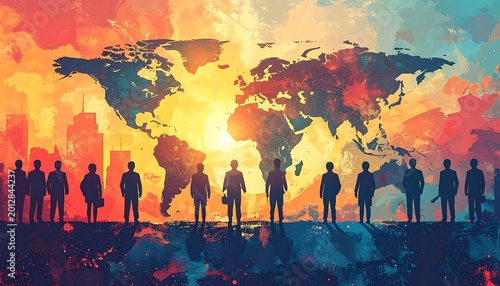 Diverse people stand before global map.