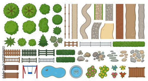park elements set top down view vector illustration on white background