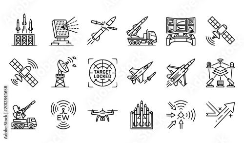 Air missile defense icon set featuring radar systems interceptors rockets military shields anti aircraft battery and aerospace national security symbols