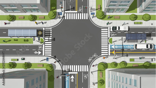 Obraz na płótnie City Street Intersection Crosswalk Overhead View.