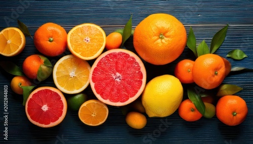 Assortment of Fresh Citrus Fruits Including Oranges, Grapefruits, and Lemons on a Dark Wooden Surface.