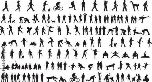 Human activity silhouettes collection, walking running cycling poses, diverse lifestyle actions, interaction with dogs concept, flat vector illustration