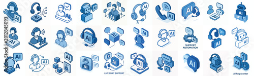 isometric vector icon AI customer service blue color dominant