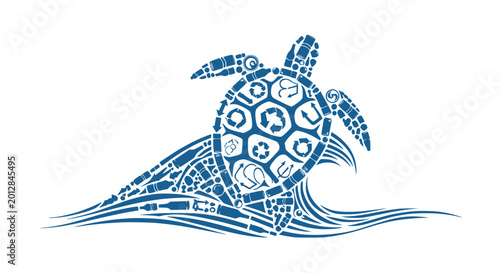 Cuadro en lienzo Turtle Made of Plastic Waste Swimming in Ocean Waves - Environmental Concept