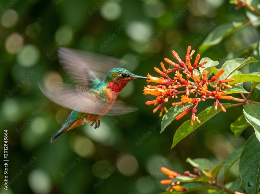 Fototapeta premium Hummingbird in flight feeding on vibrant orange flowers in a lush green garden.