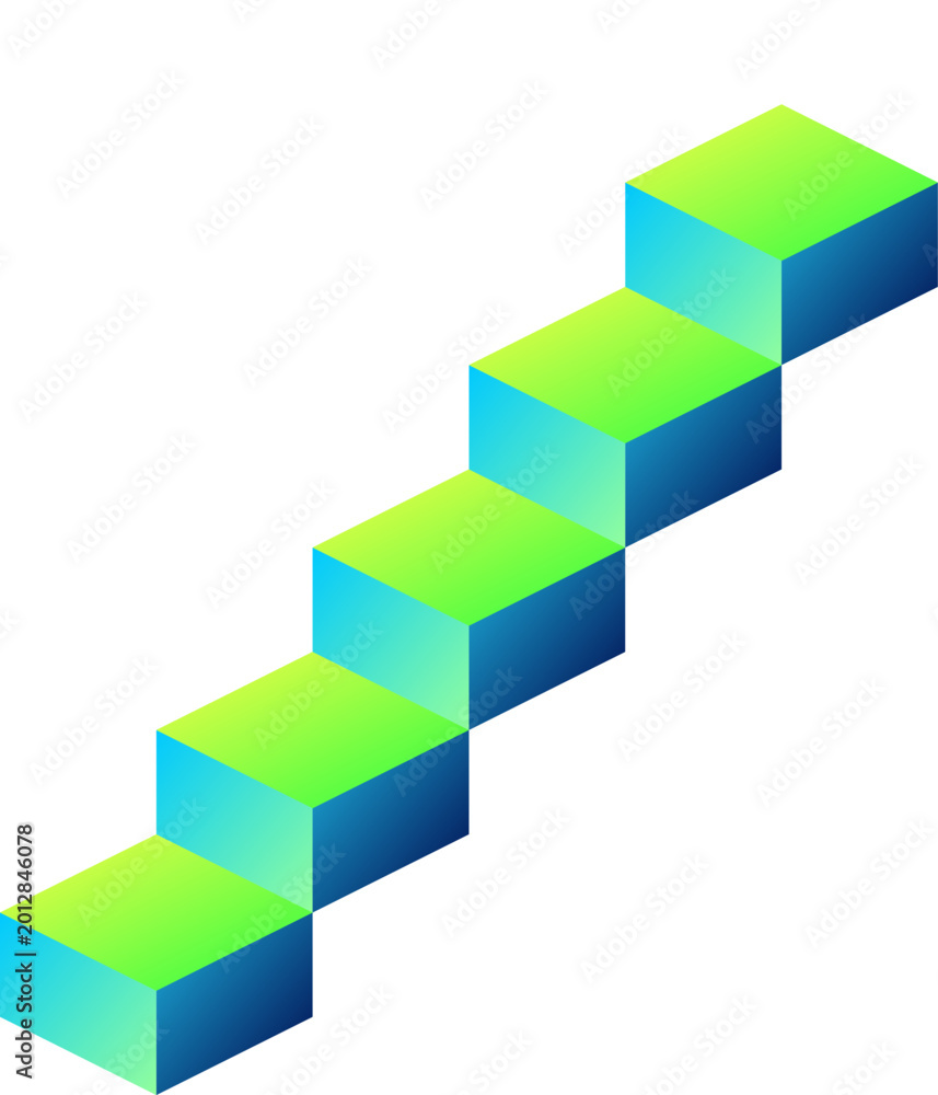 Fototapeta premium Five colorful isometric blocks arranged in an ascending staircase pattern representing growth and career Illustration