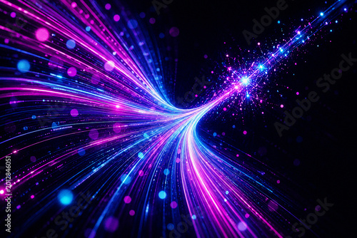 Foto Abstract Technology: An entrancing stream of luminescent energy, a vibrant blend of magenta and cyan, curves and flows against a dark background, representing digital connectivity and innovation