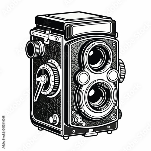 Quadro su tela Vintage Twin Lens Reflex Camera Vector Illustration with detailed retro photography design, classic analog camera equipment in monochrome style isolated for technology, photography, and media themes