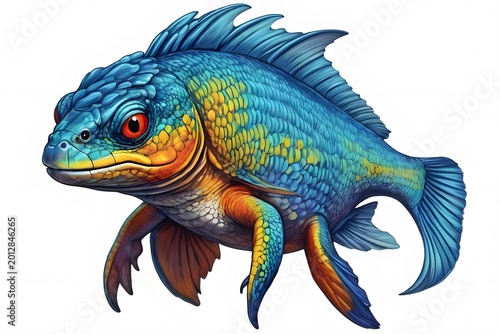 A vibrant scaly amphibious creature with fins and legs on a clean white background conceptual fantasy