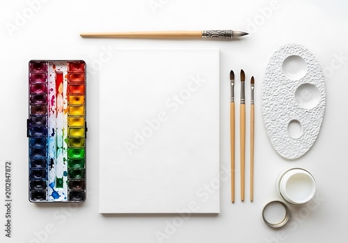 Watercolor painting supplies on white background  paints brushes canvas palette