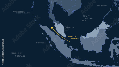 Quadro su tela Map Highlighting Strait Of Malacca With Yellow Arrow Line Showing Strategic Mari