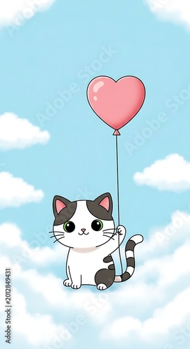Cute Cat Holding Heart Balloon in the Sky.