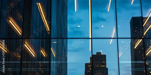 modern building glass facade reflecting night sky with illuminated lights and city skyline.