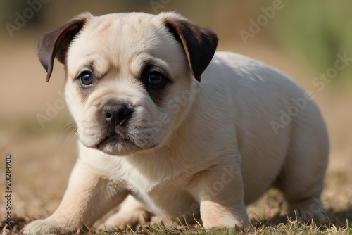 Adorable puppy with expressive eyes during daylight outdoors with copy space for text